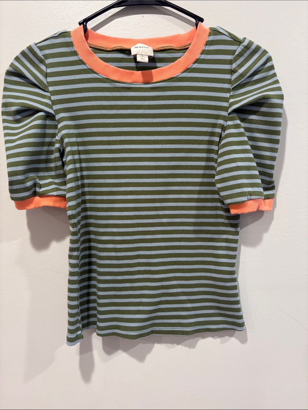 Maeve Olive Green Light Blue Striped Puff-Sleeve Top  Coral Trim ptp 17-20 len21